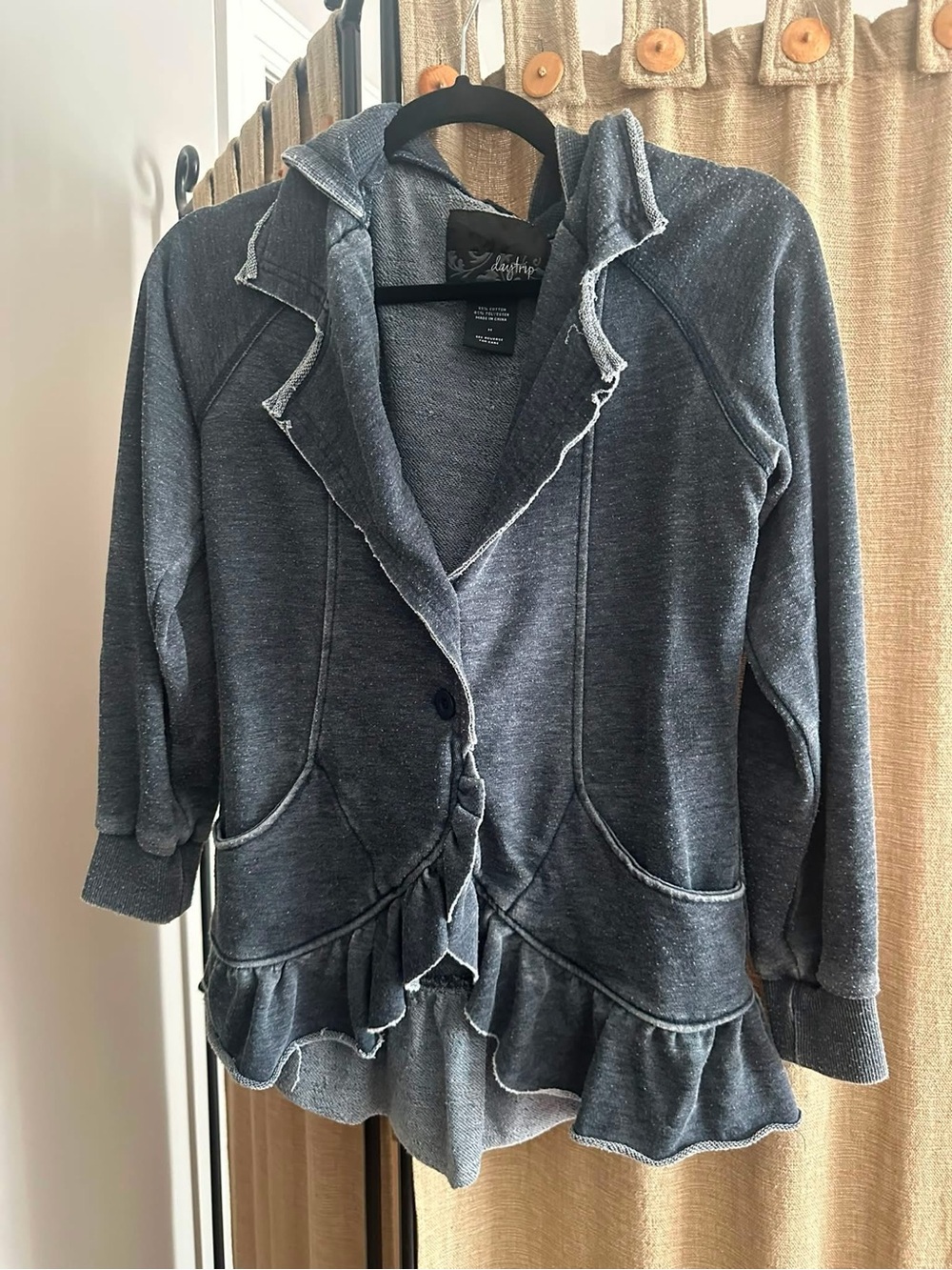 Daytrip Charcoal Ruffle-Hem Hoodie Cardigan